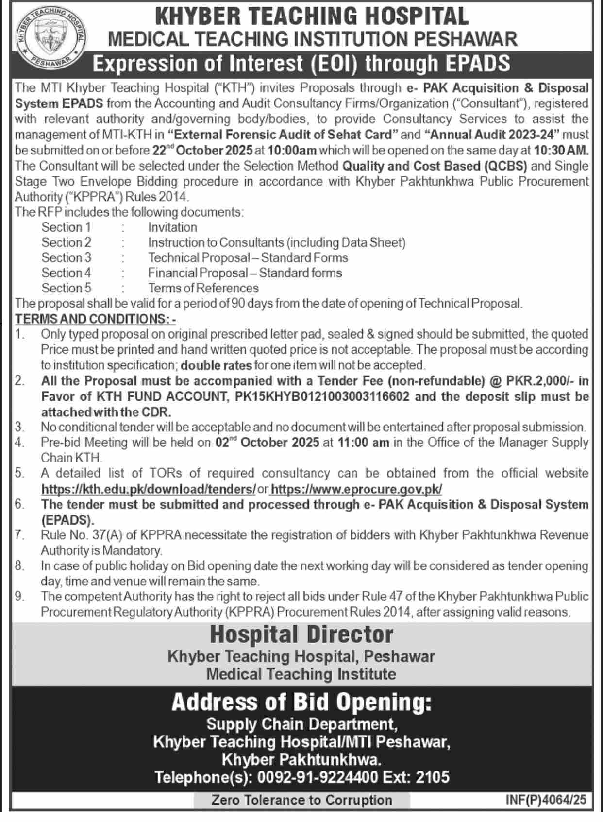 Khyber Teaching Hospital Peshawar Tender Notice